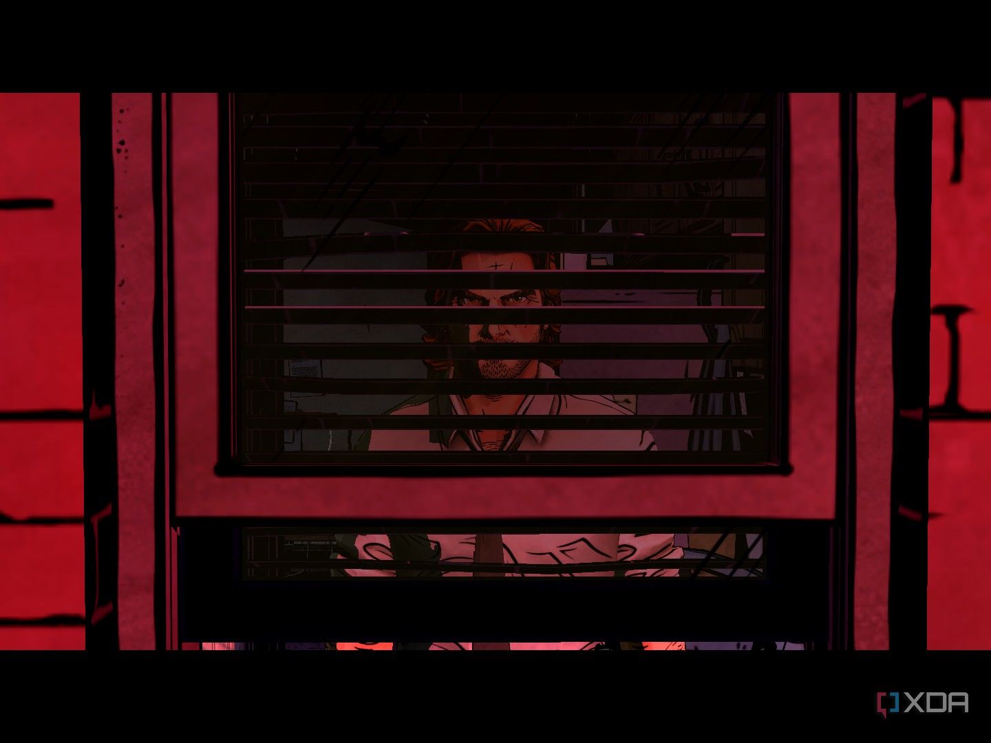 bigby wolf seen behind window blinds in the wolf among us