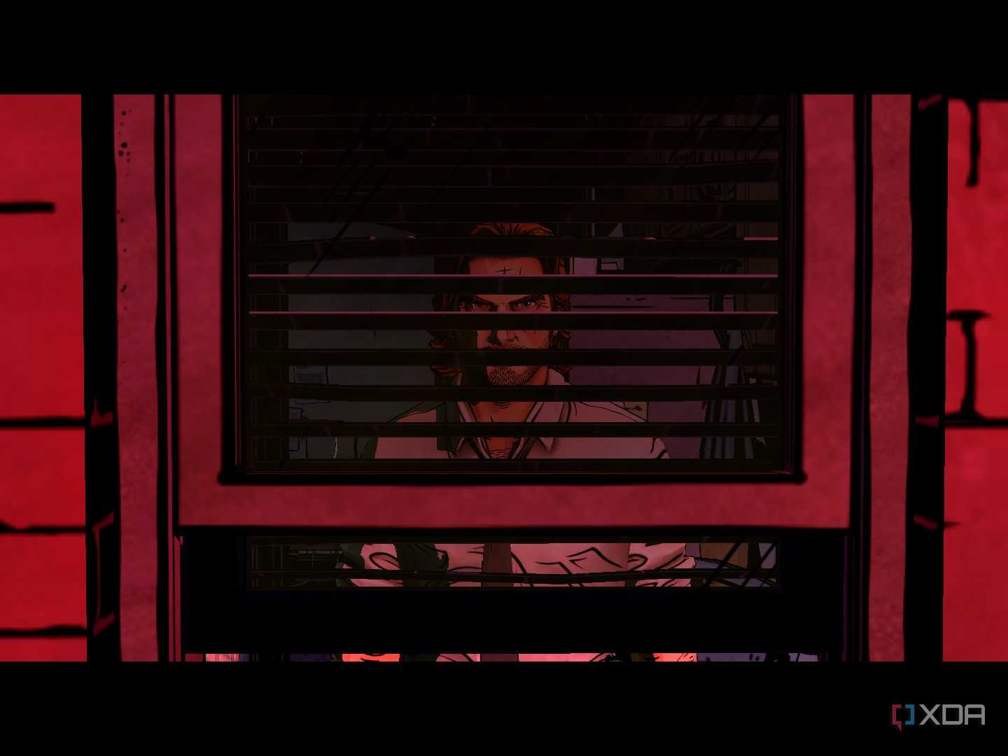 bigby wolf seen behind window blinds in the wolf among us