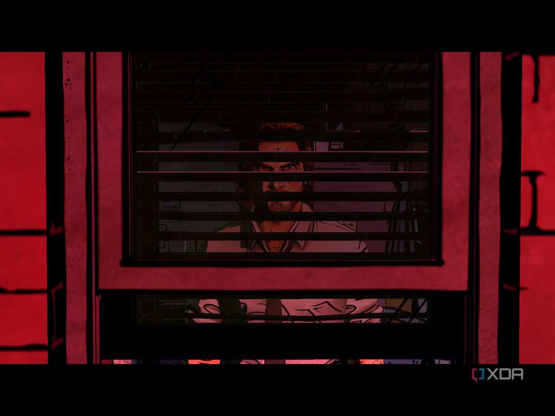 bigby wolf seen behind window blinds in the wolf among us