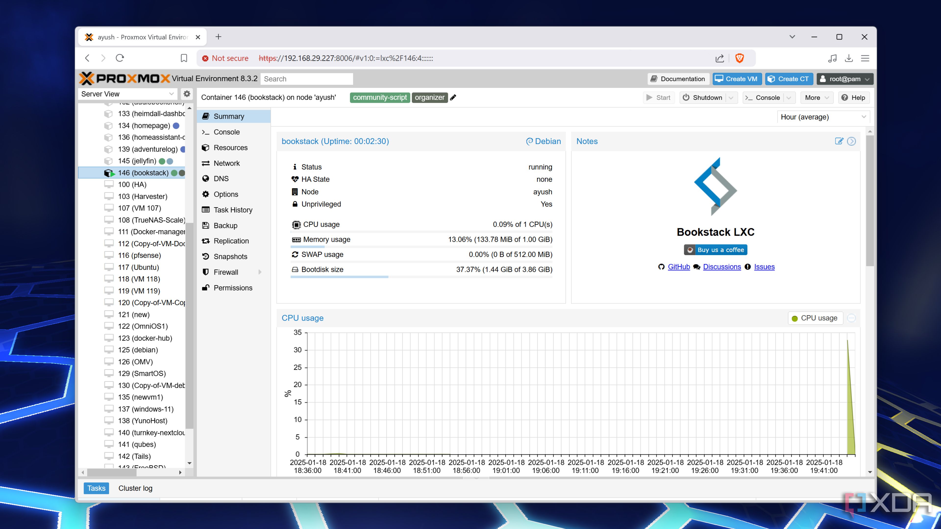 A BookStack LXC container running on Proxmox