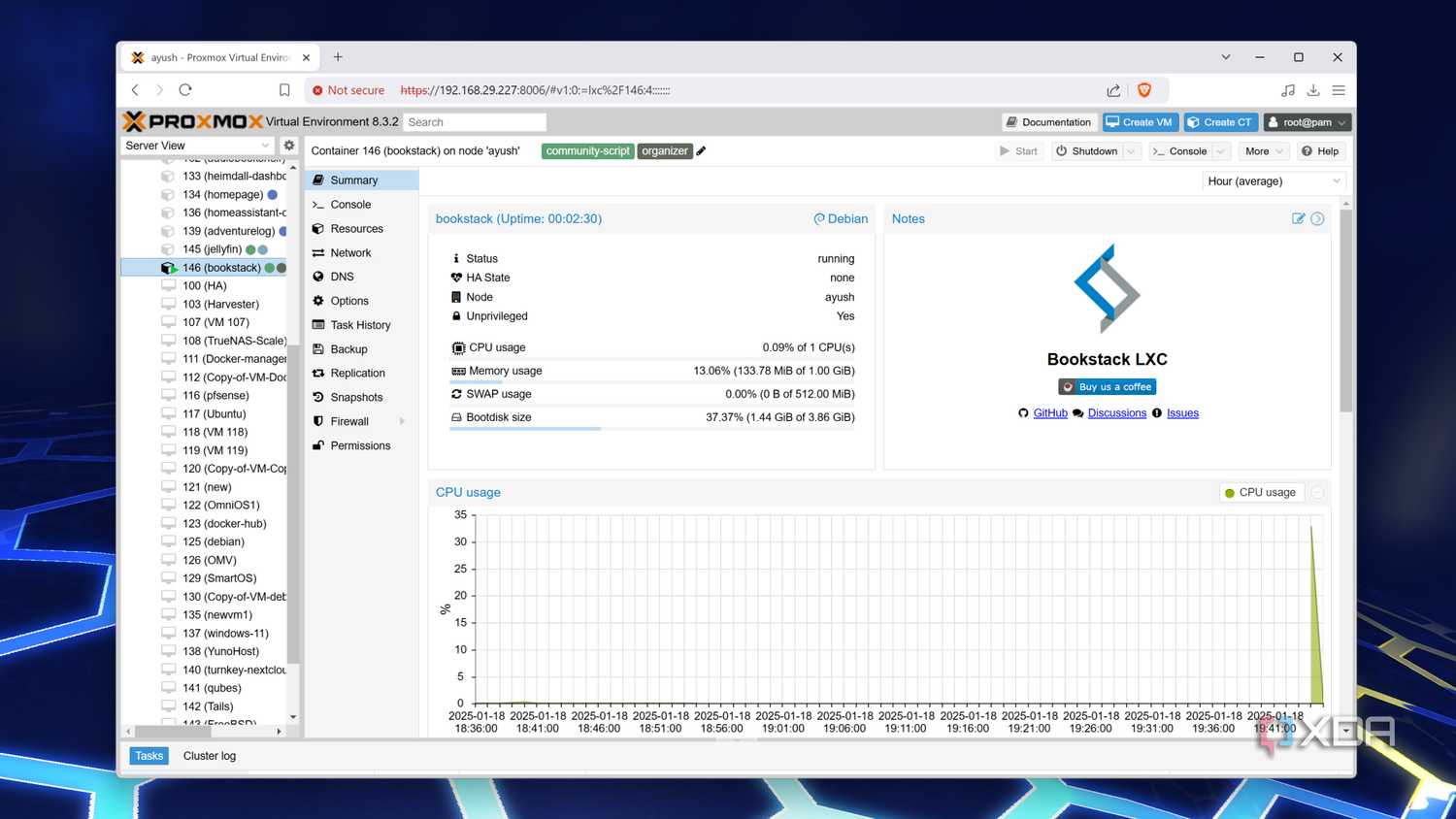 A BookStack LXC container running on Proxmox
