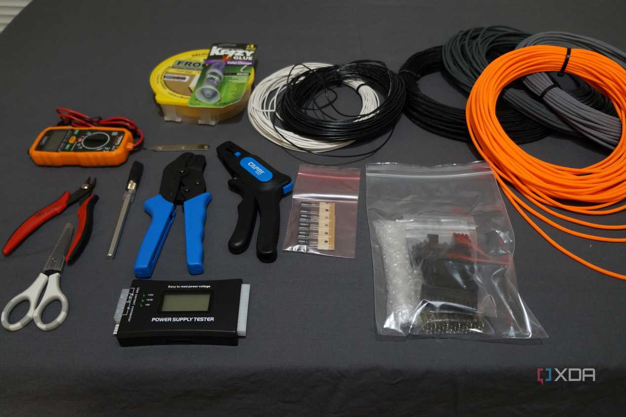 cable sleeving tools and supplies on a desktop
