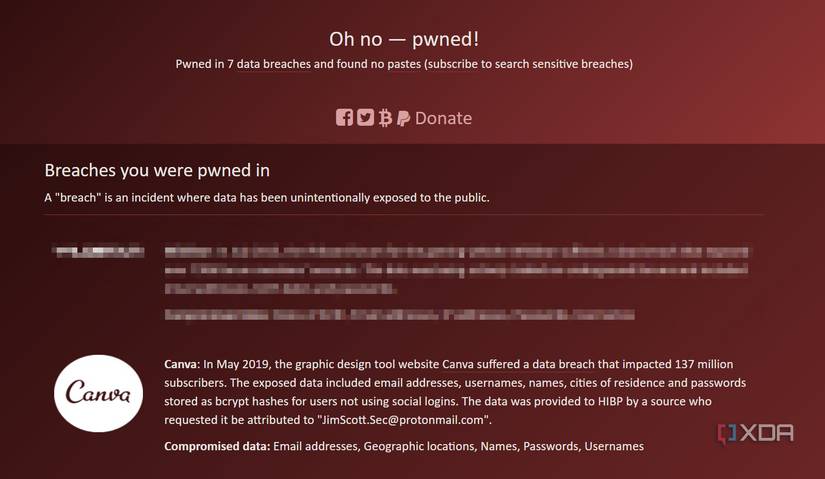 a page on haveibeenpwned.com referencing a Canva breach in 2019
