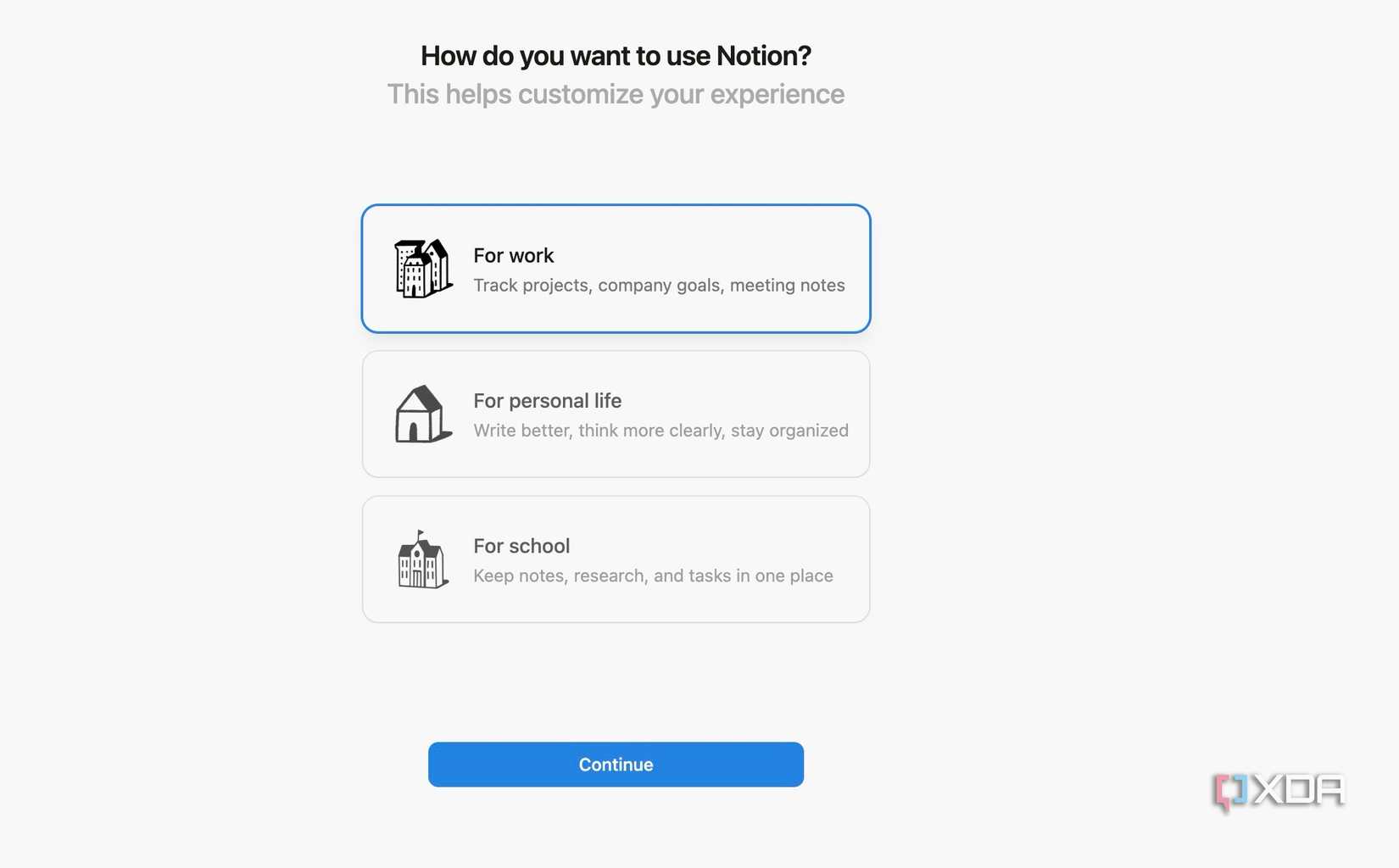 Select work purpose in Notion