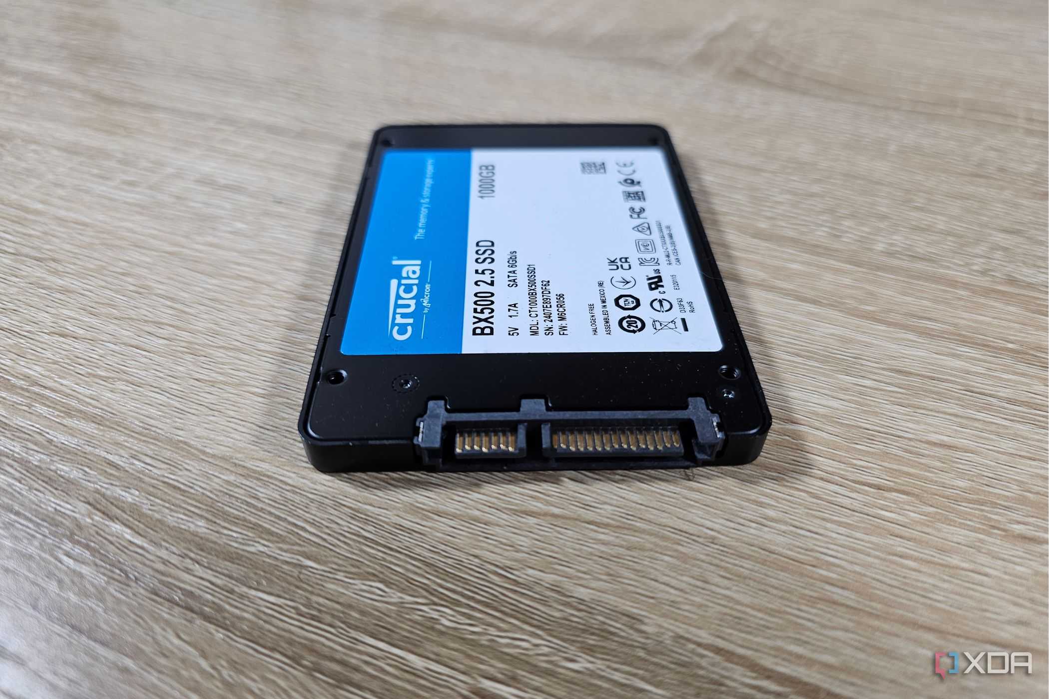 An image of a crucial ssd on a table.