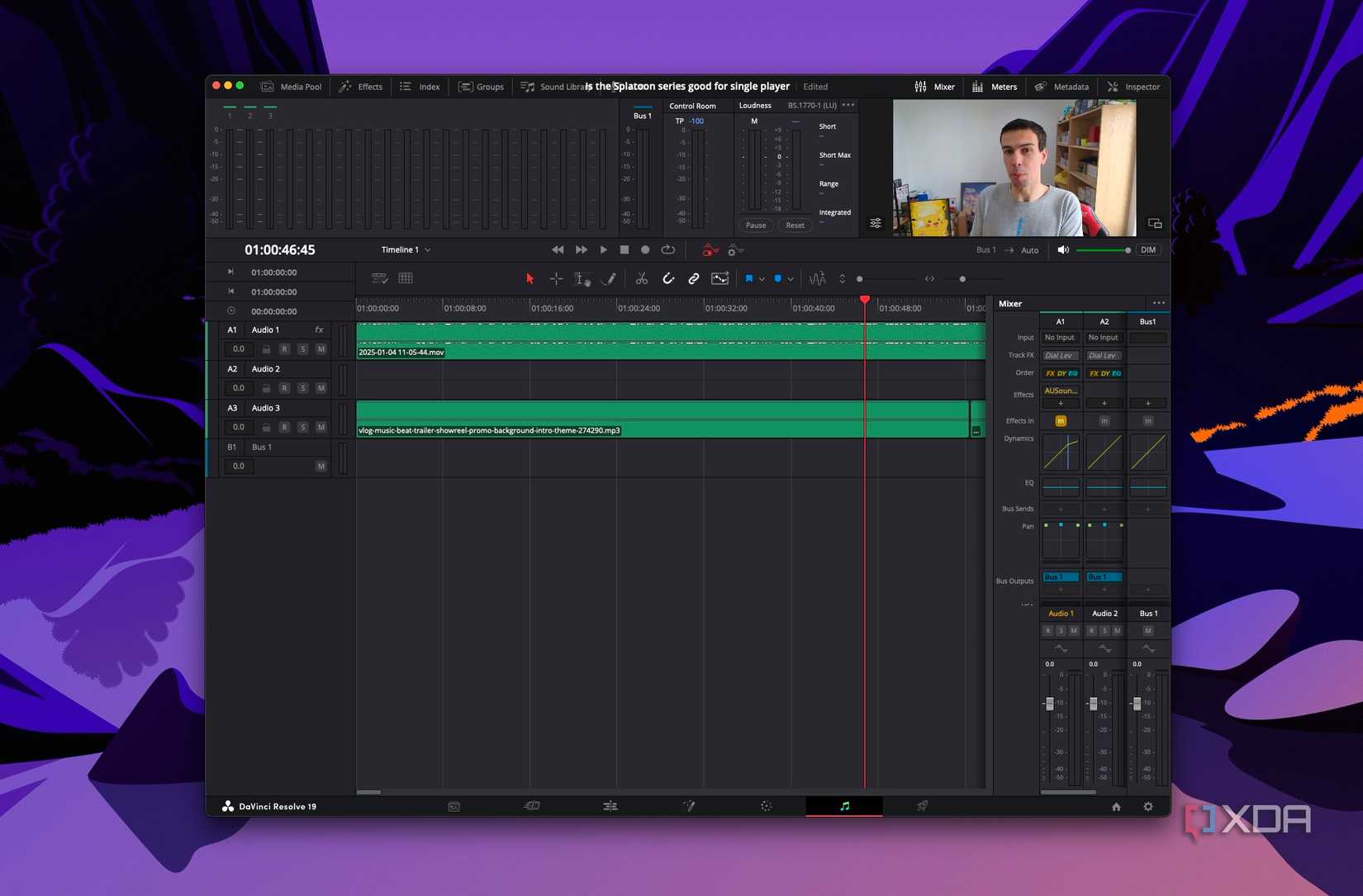Screenshot of DaVinci Resolve on macOS open in the Fairlight tab. One of the audio tracks is using the AUSoundIsolation filter