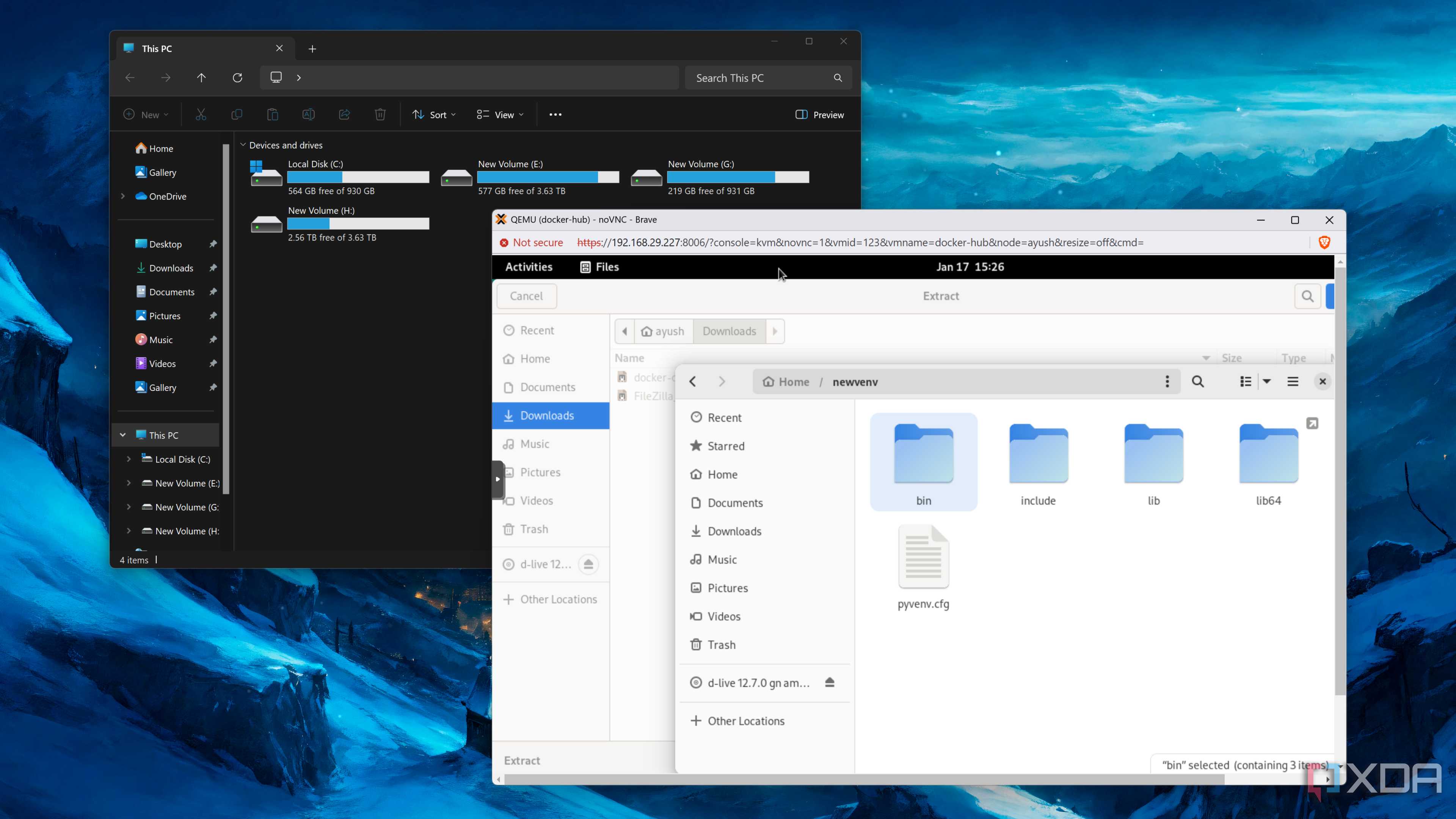 Running a Debian VM on Proxmox, with the Windows 11 File Explorer open in the background