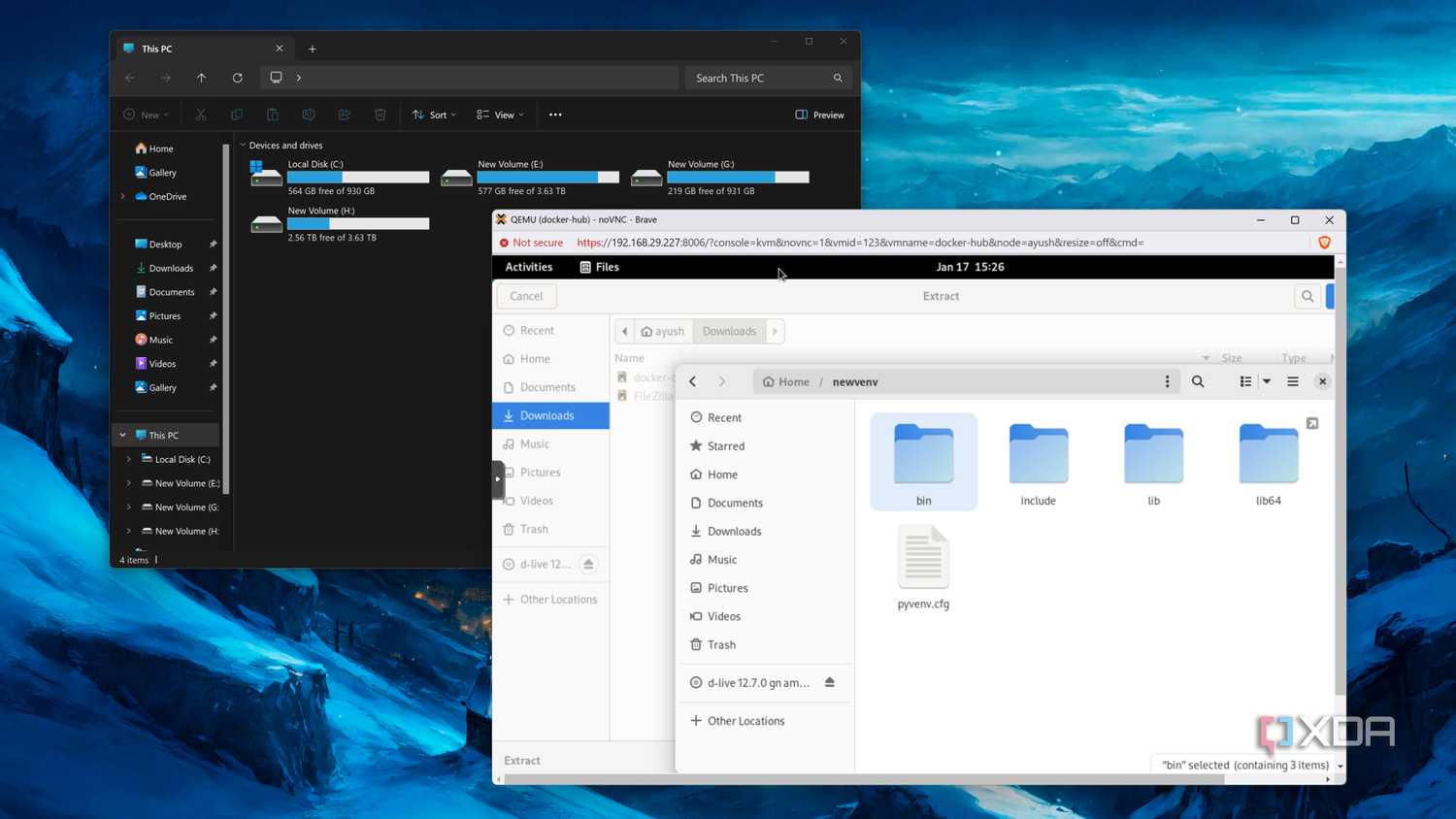 Running a Debian VM on Proxmox, with the Windows 11 File Explorer open in the background