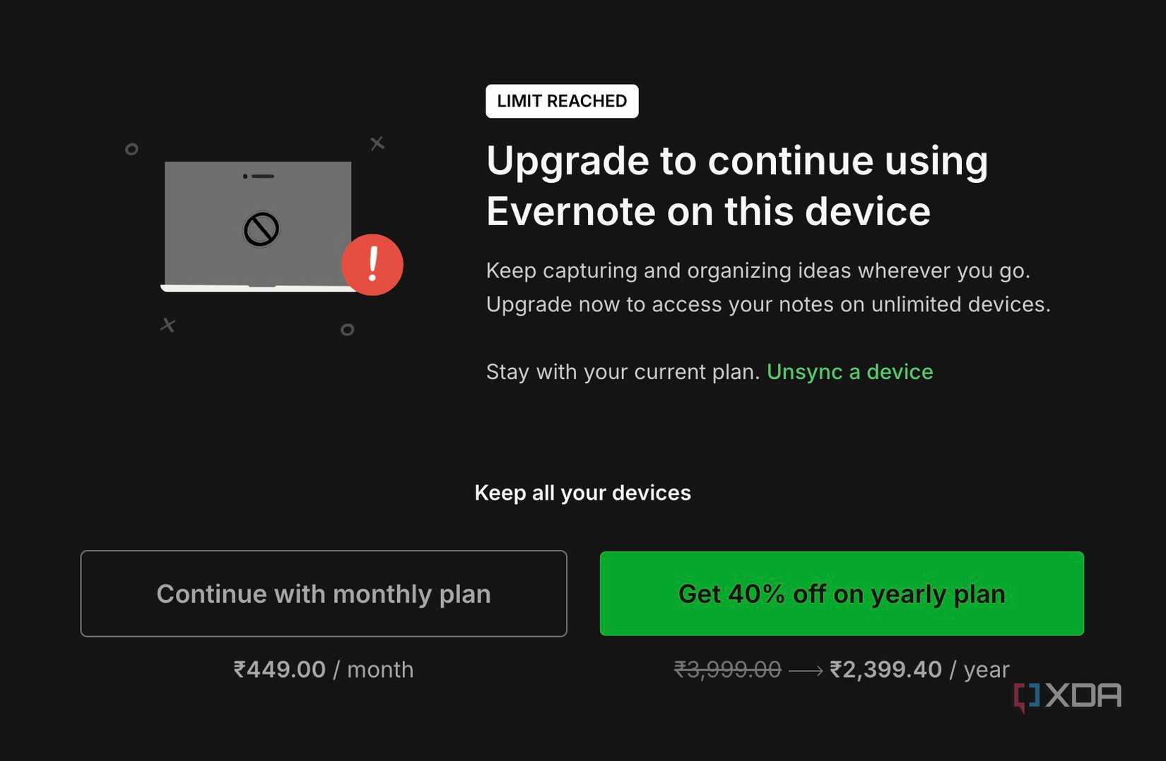 Evernote asking to upgrade
