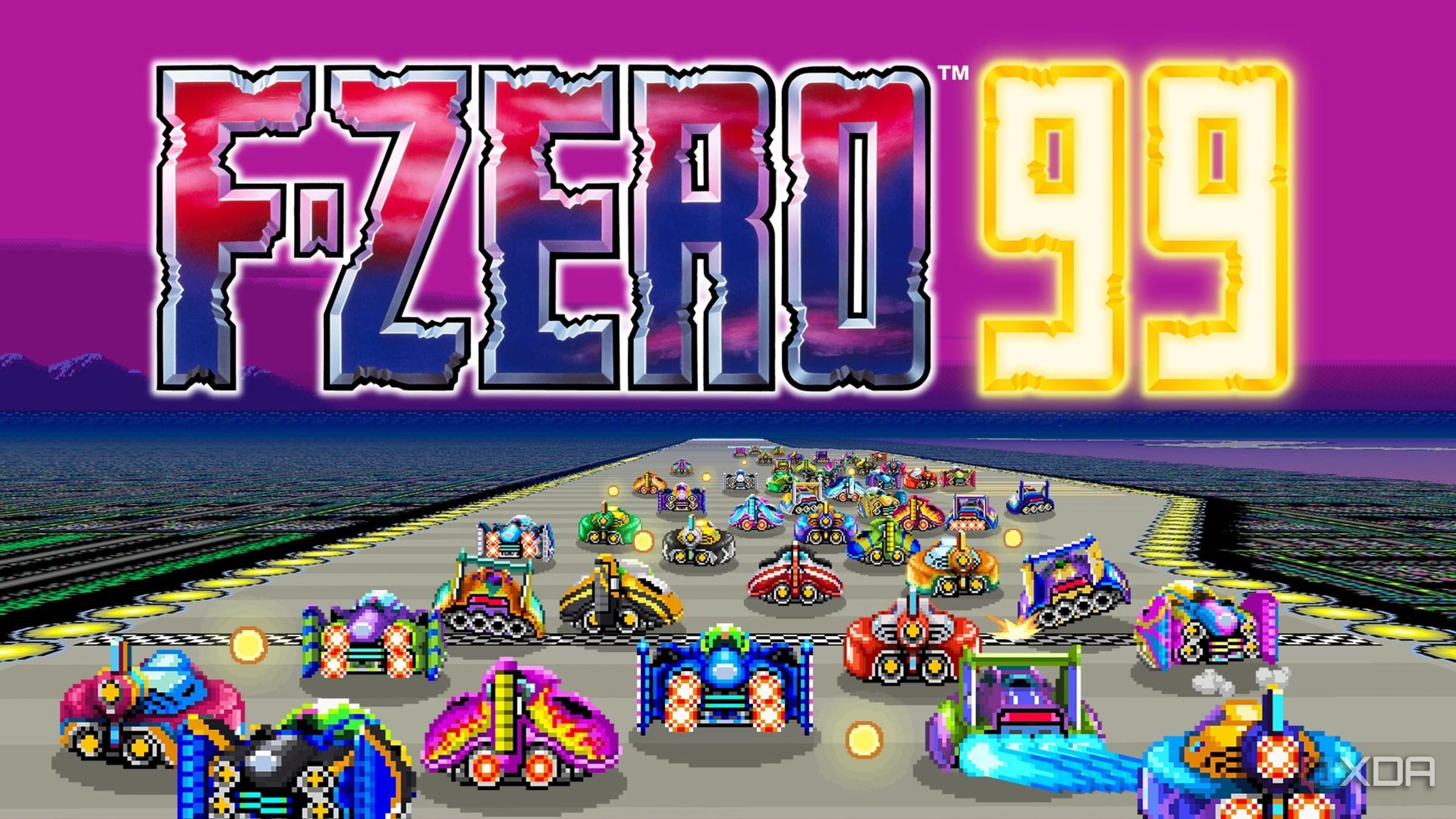 Text reading F-Zero 99 with artwork representing the game underneath