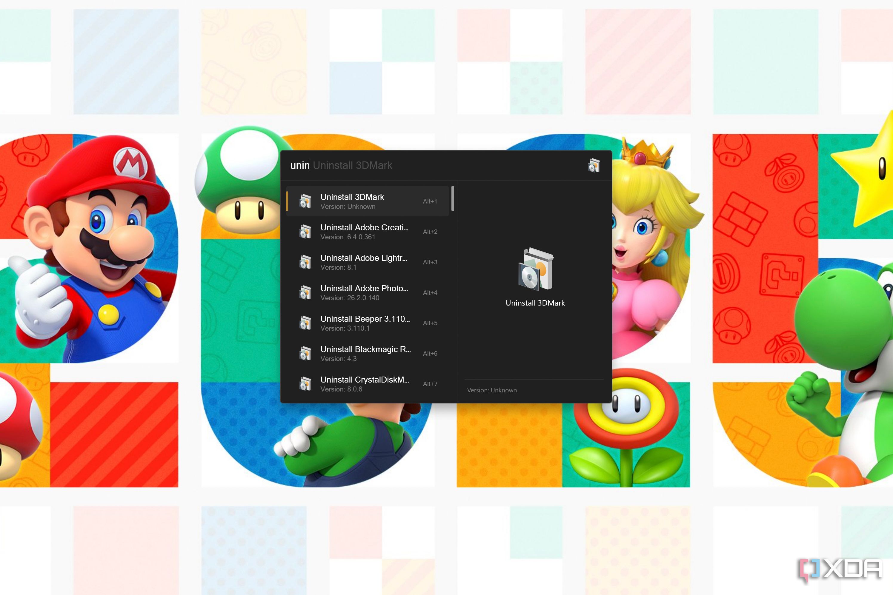 Screenshot of Flow Launcher showing the option to uninstall an app using the Quick Uninstaller plug-in