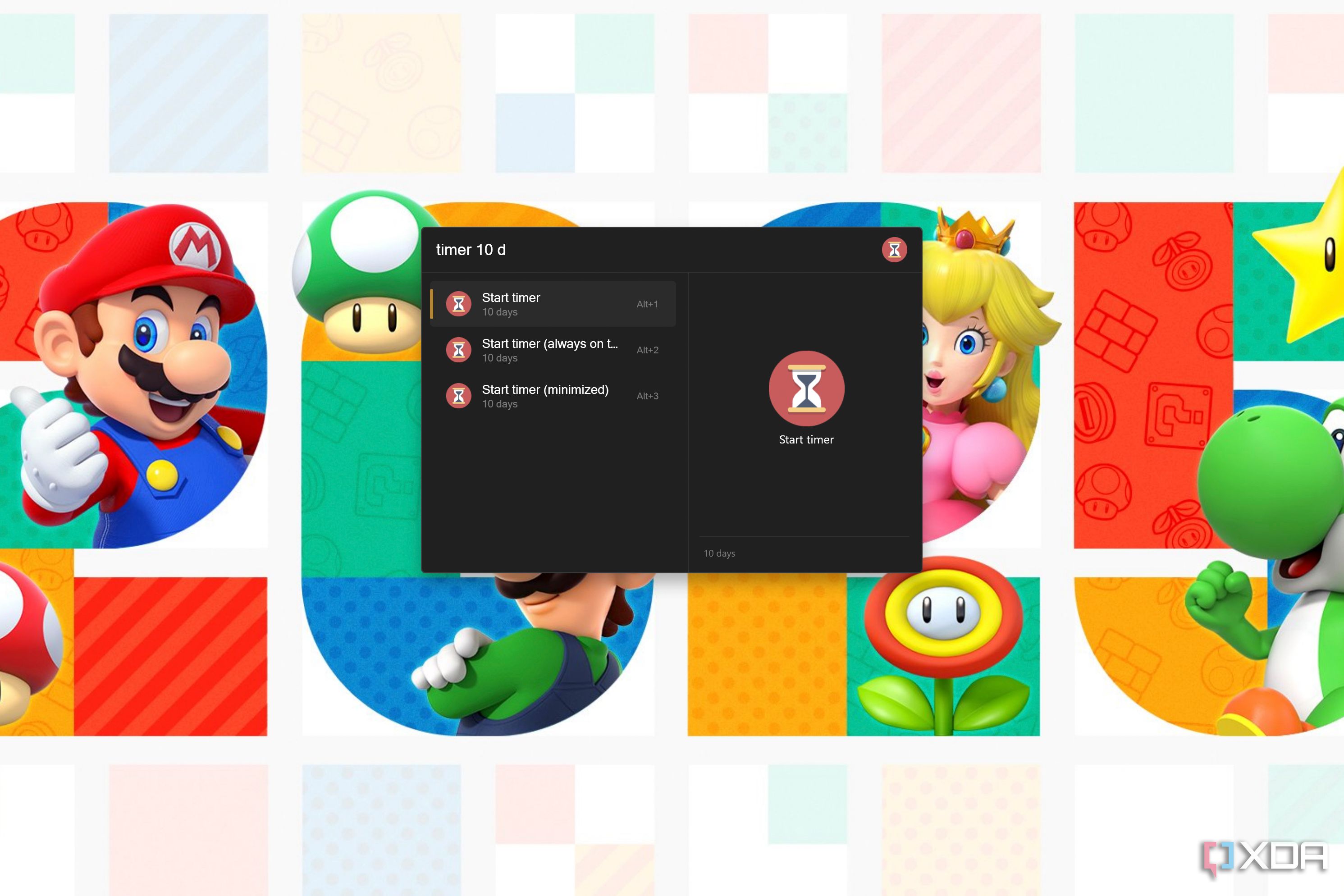 Screenshot of Flow Launcher showing a command for the Timer plug-in