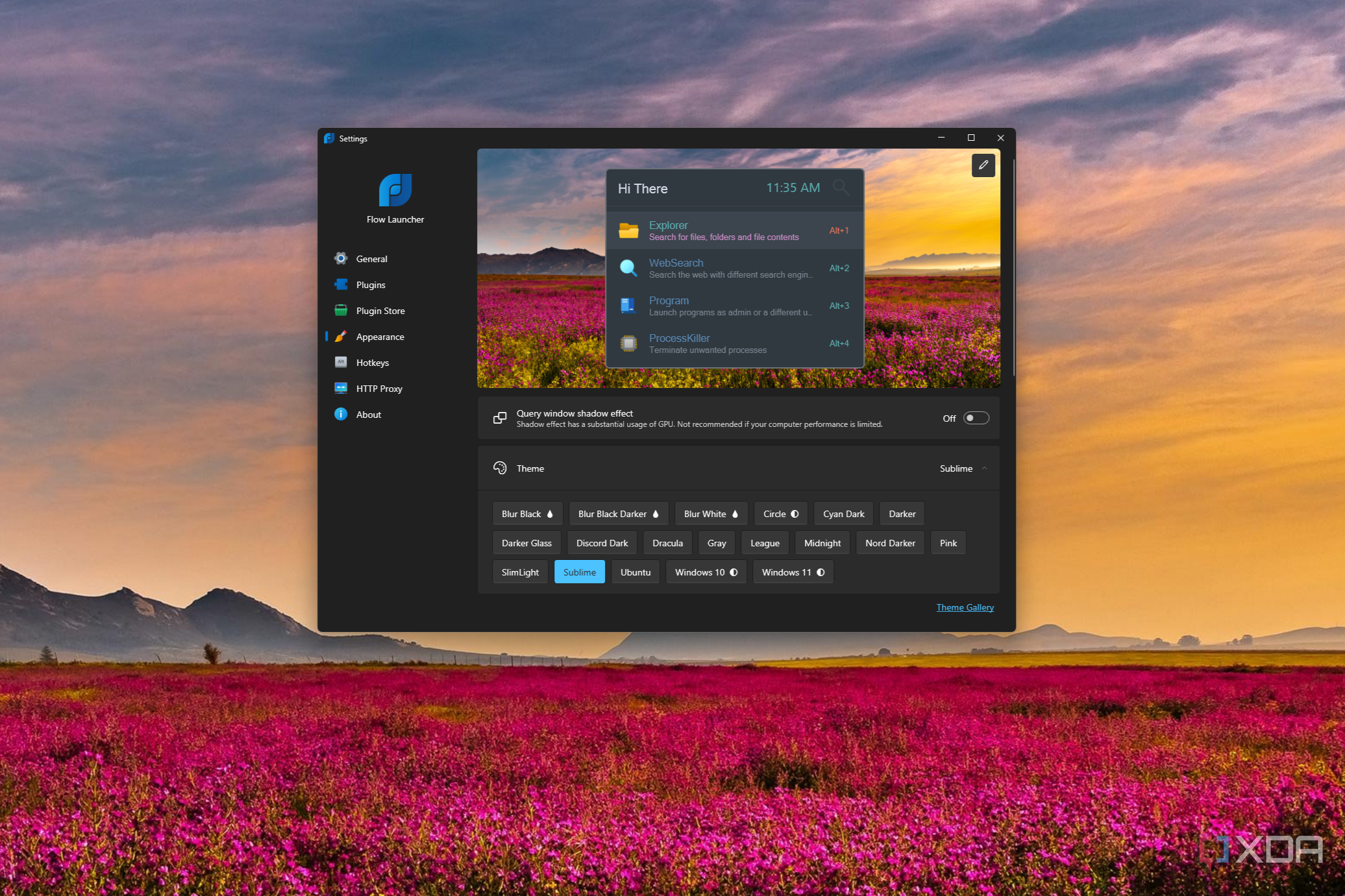 Screenshot of Flow Launcher settings with the Sublime theme enabled