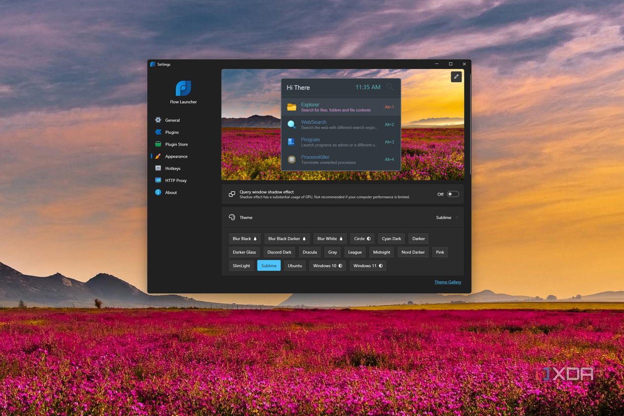 Screenshot of Flow Launcher settings with the Sublime theme enabled