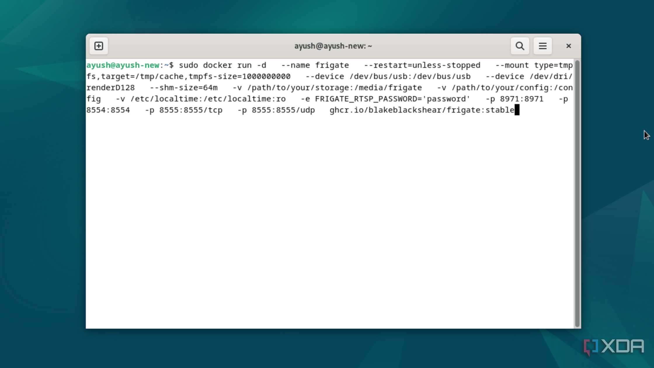 The Docker command to deploy a Frigate container
