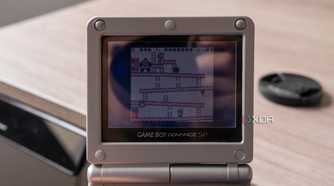 A Game Boy Advance SP running Donkey Kong for the Game Boy