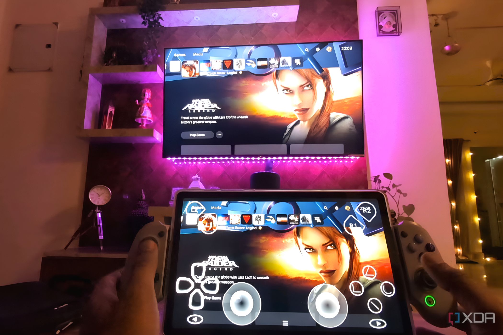 An image of the PS5 main menu, running on a television as well as on the Gamesir Galileo G8 Gaming Controller