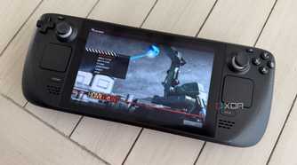 steam deck on table with the game homefront running