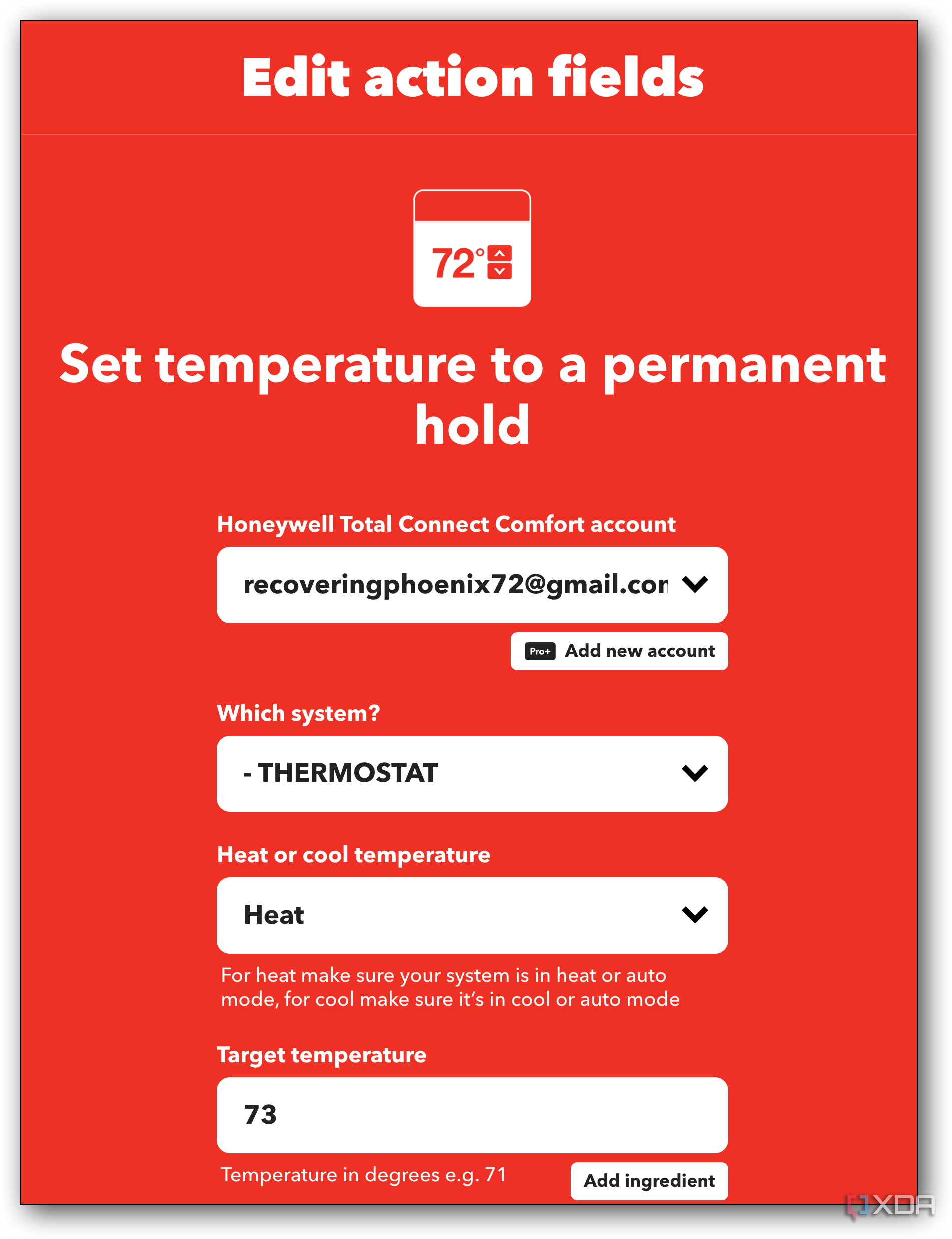 IFTTT smart home action fields