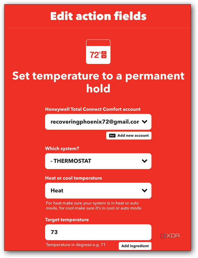 IFTTT smart home action fields