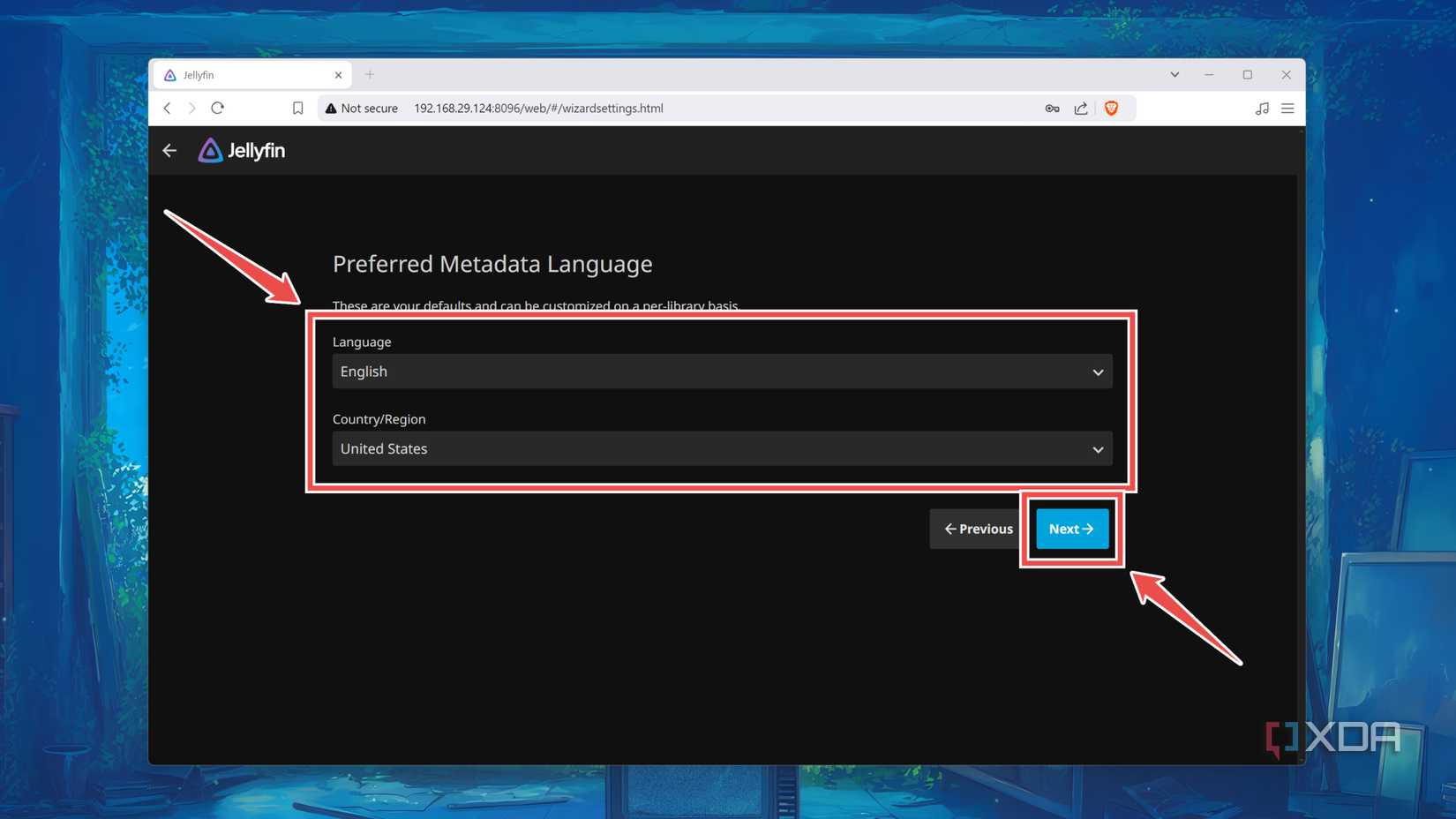 Choosing the Language and Country/Region settings in the Jellyfin web UI