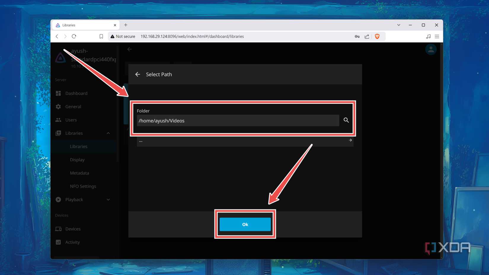 Selecting the Folder path of media files in the Jellyfin web UI