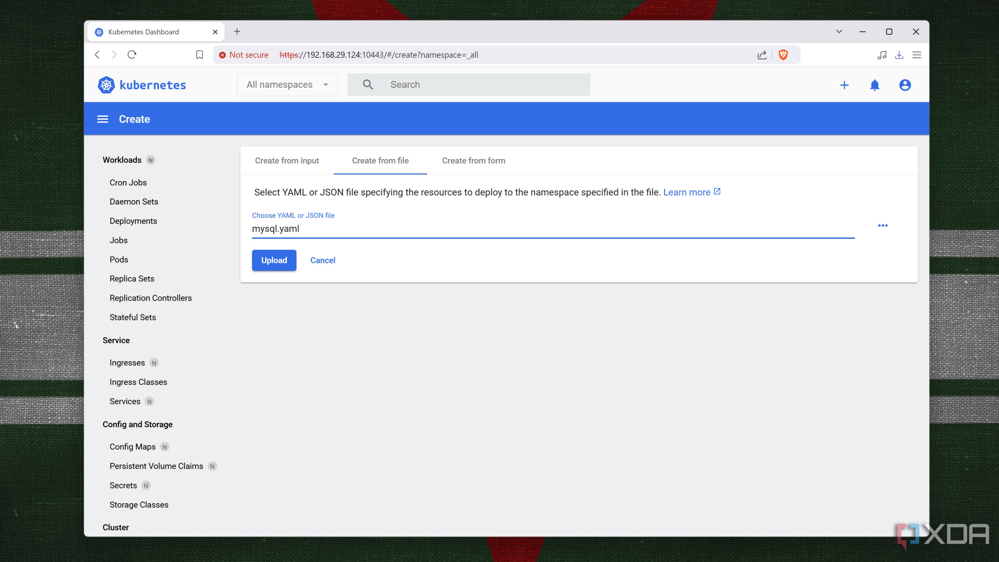 Creating a pod from a YAML/JSON file in K8s web UI