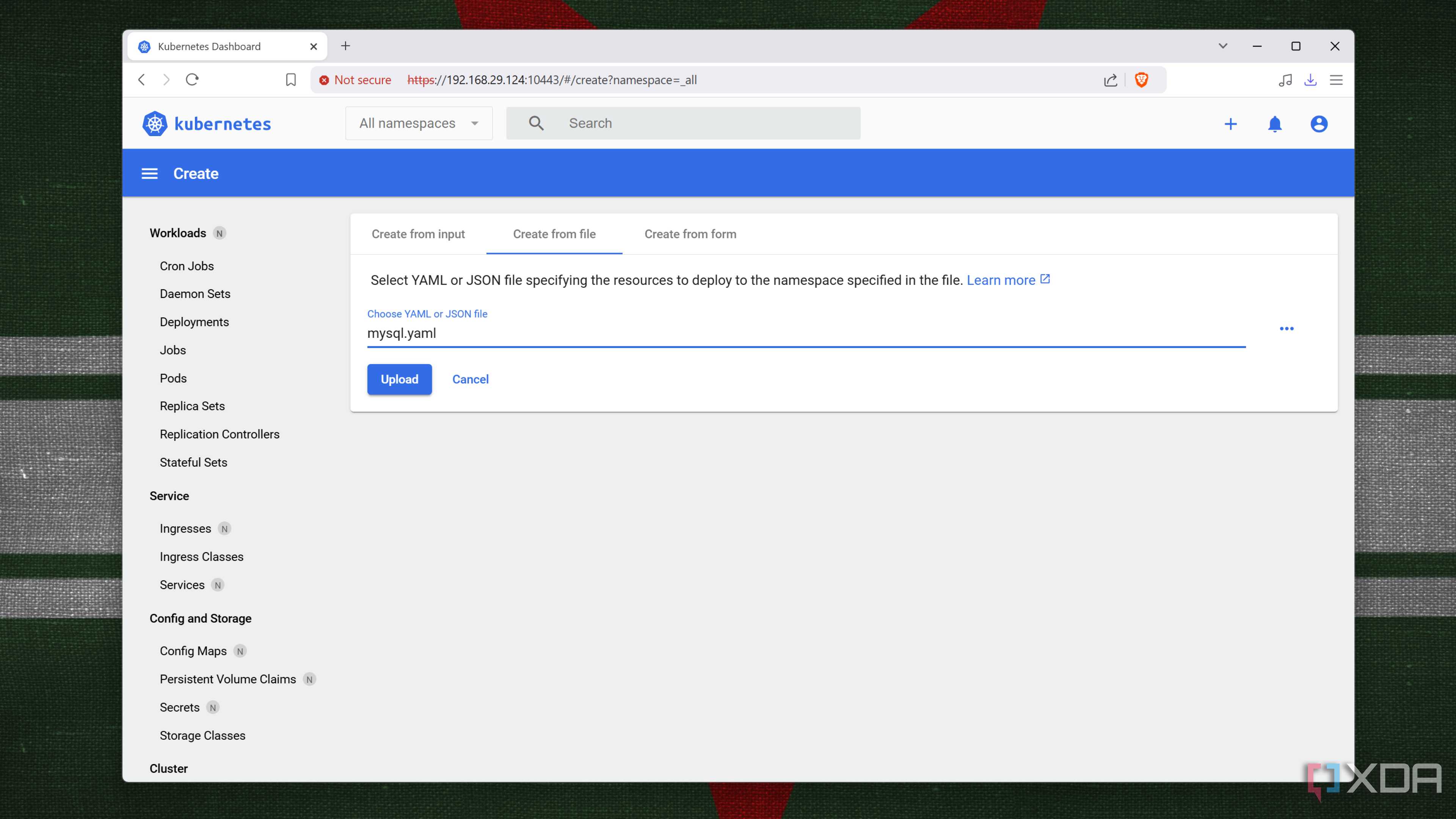 Creating a pod from a YAML/JSON file in K8s web UI
