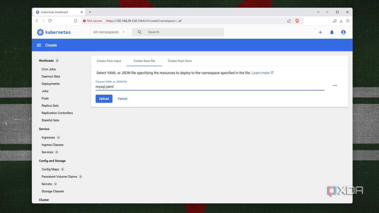 Creating a pod from a YAML/JSON file in K8s web UI