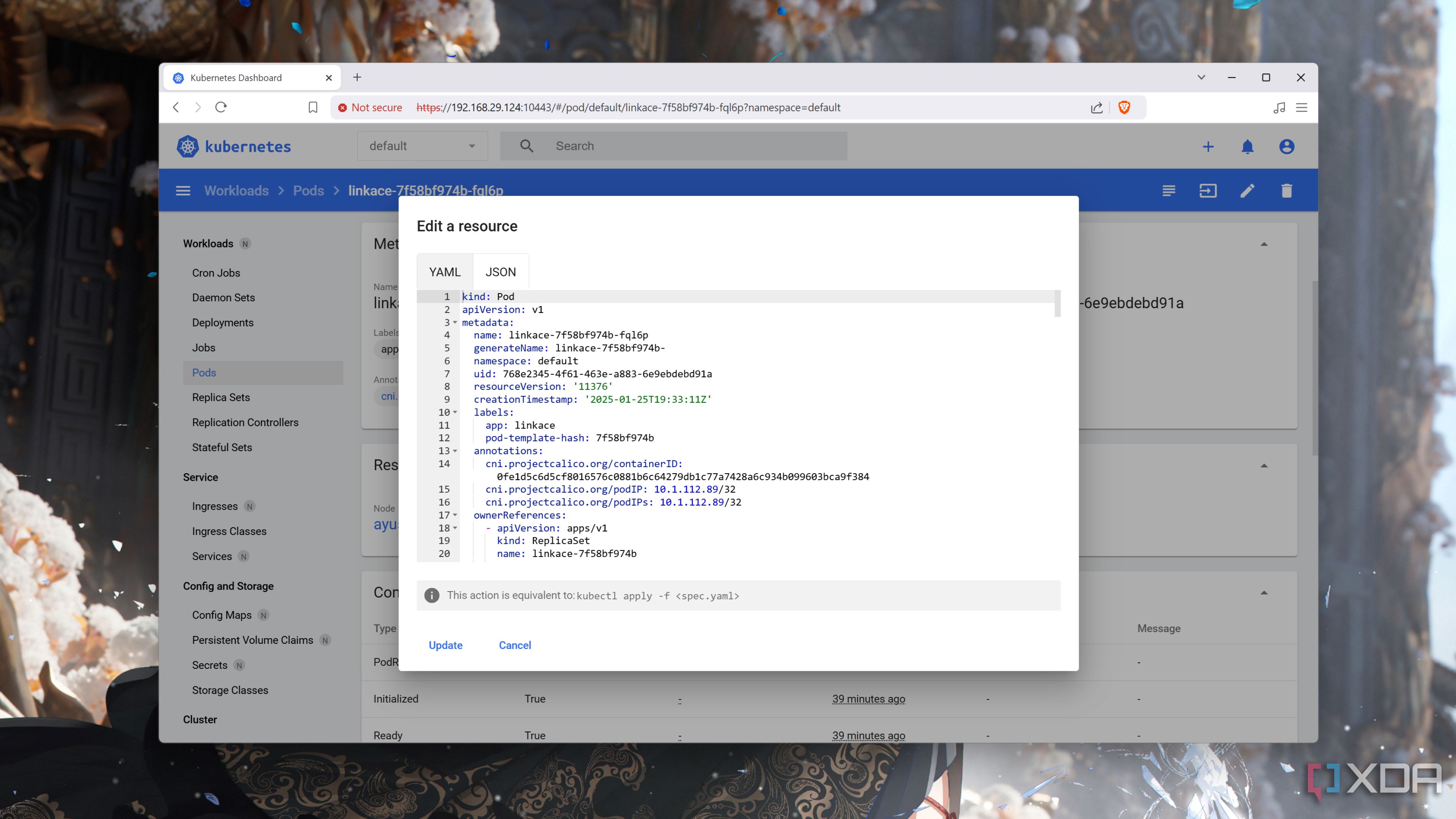 The pod config in the Kubernetes web UI
