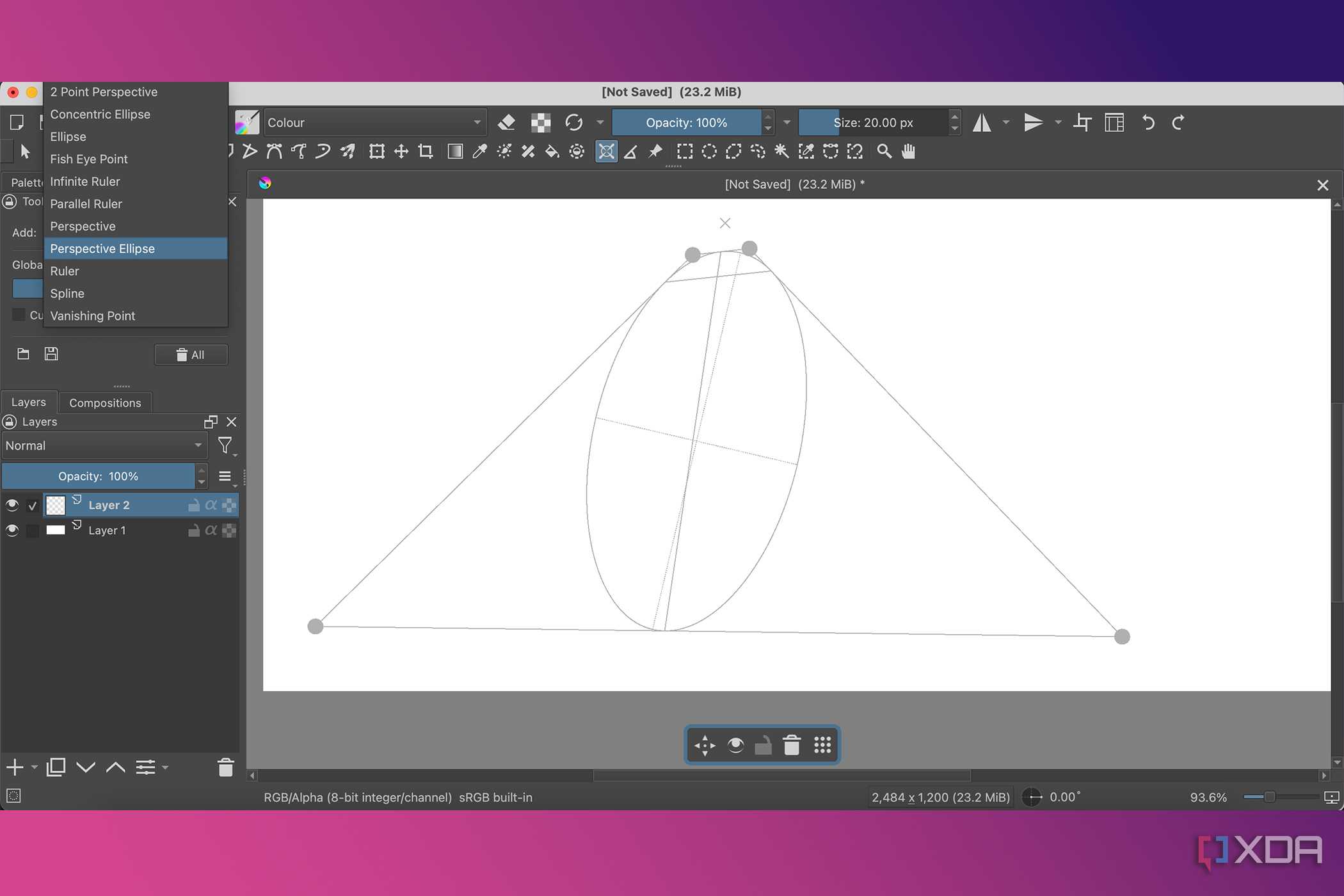Krita Assistant Tools with Perspective Ellipse Plane and menu