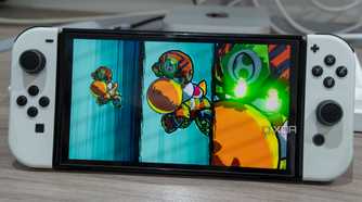 A Nintendo Switch OLED model running Mario Strikers Battle League