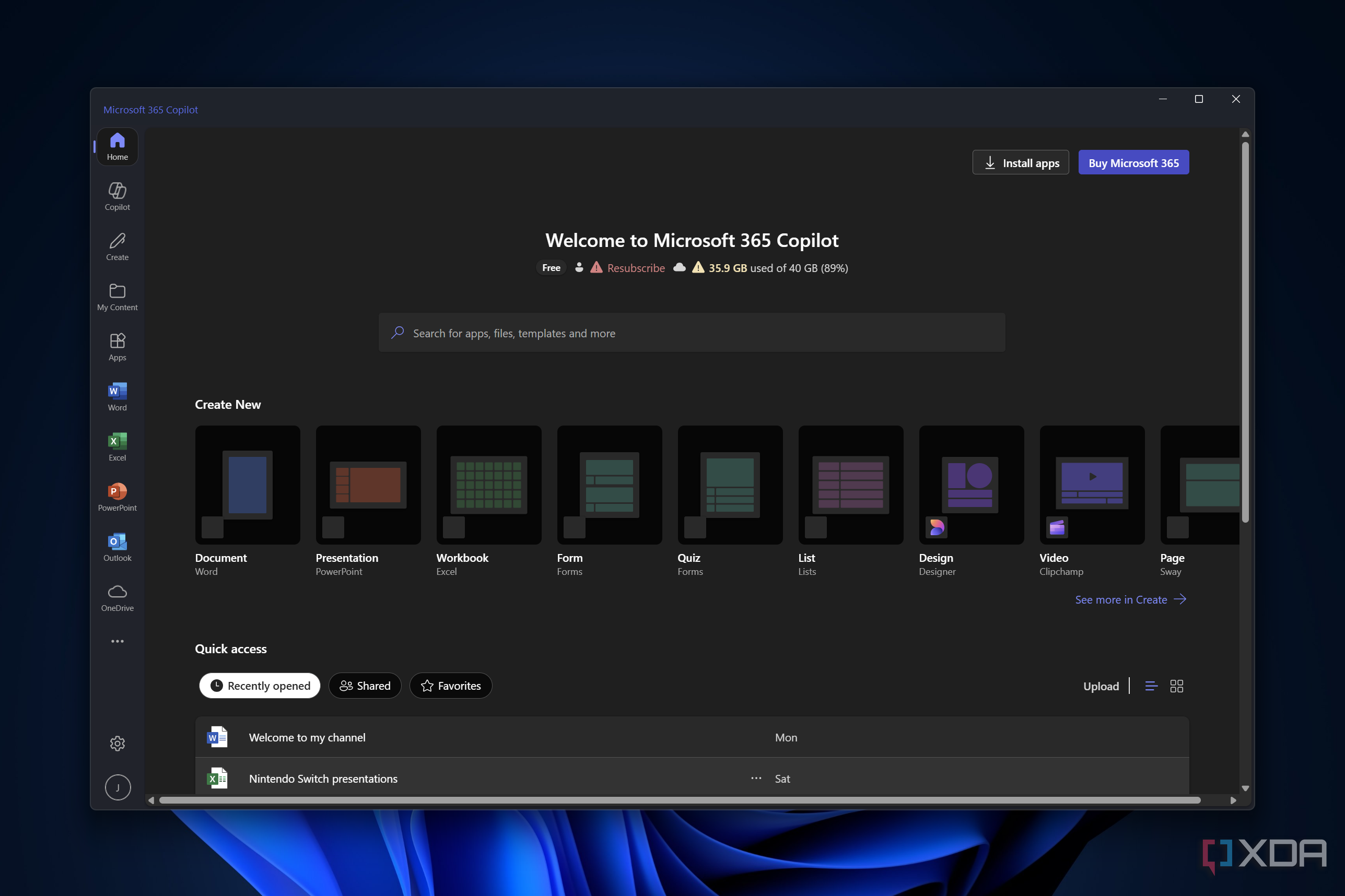 Screenshot of the Microsoft 365 Copilot web app for Windows