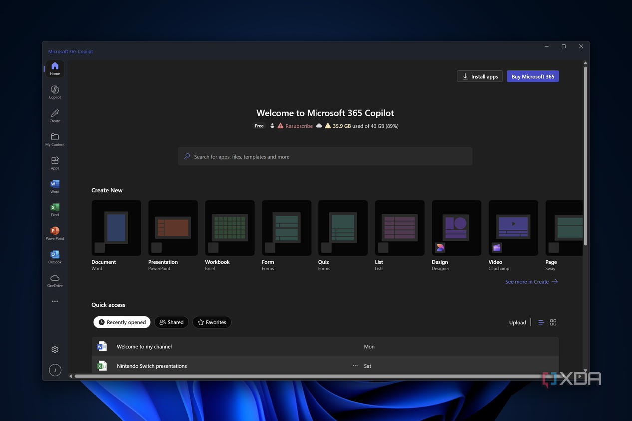 Screenshot of the Microsoft 365 Copilot web app for Windows