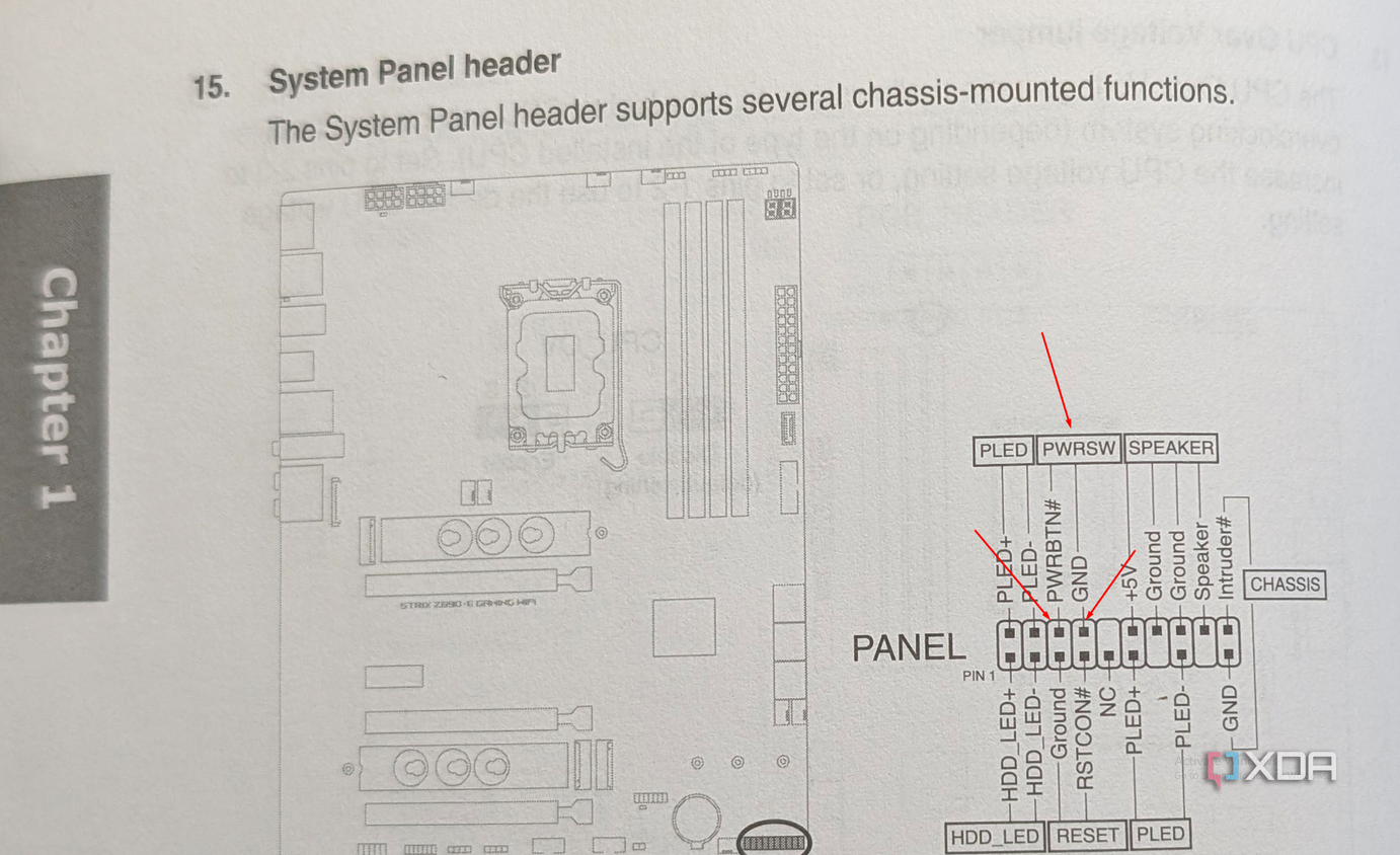 motherboard manual power switch pins