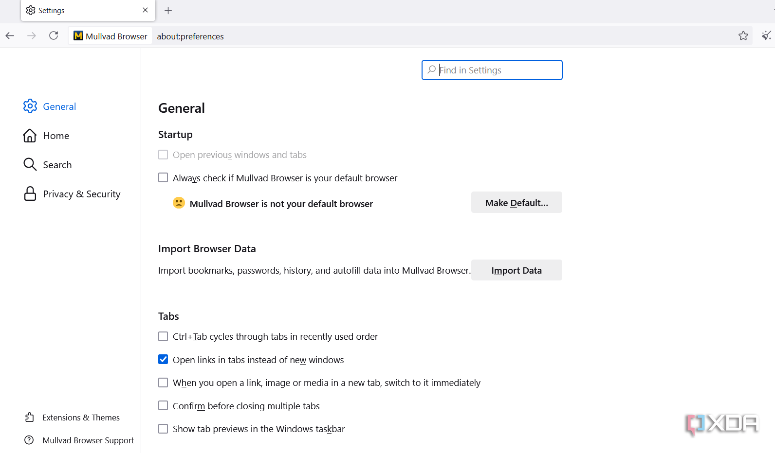 Mullvad Browser settings
