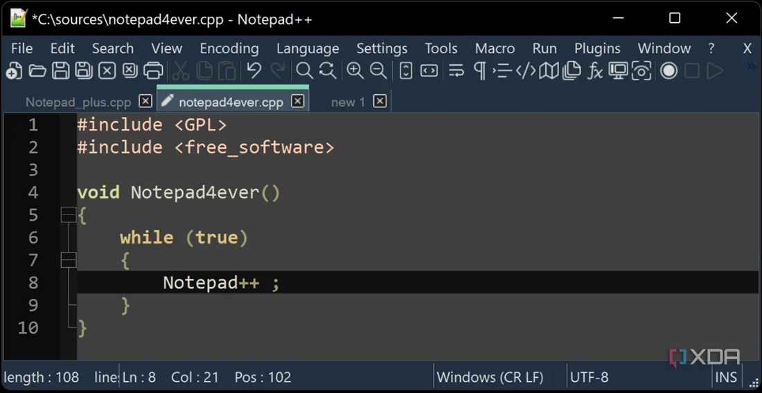 showing coding in notepad++ on Windows