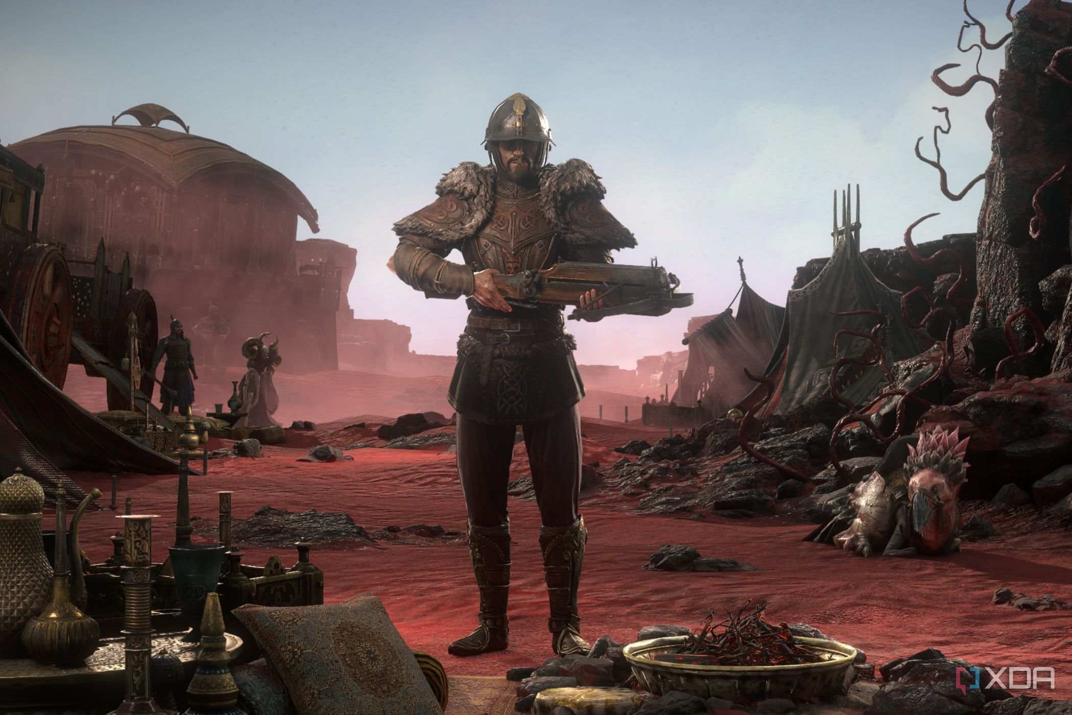 Path of Exile 2 Mercenary standing in desert camp near caravan