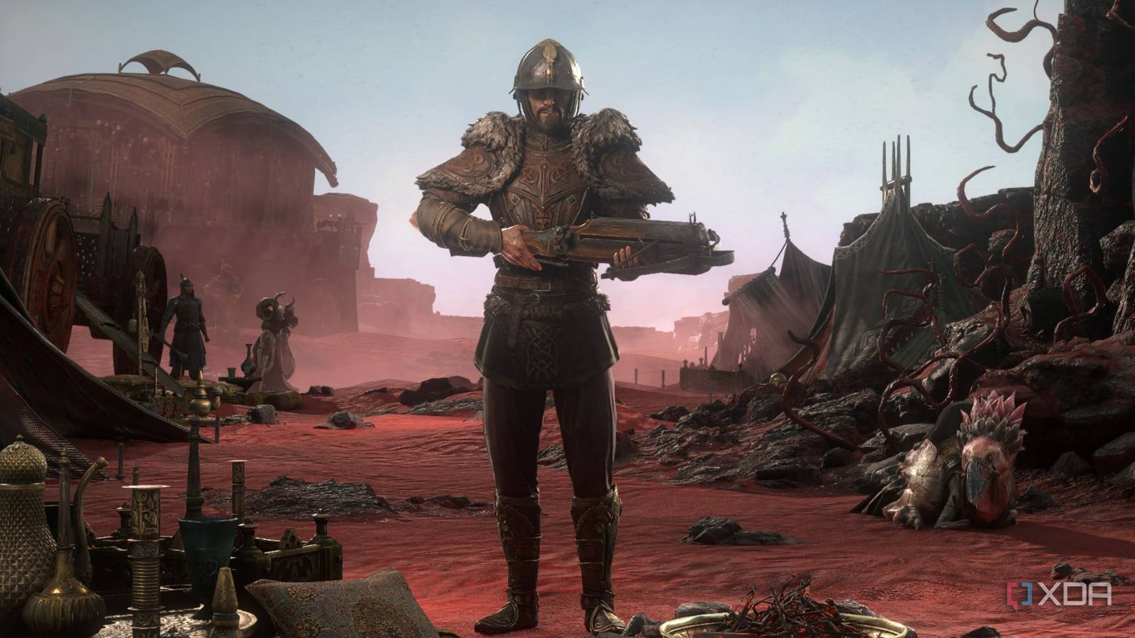 Path of Exile 2 Mercenary standing in desert camp near caravan