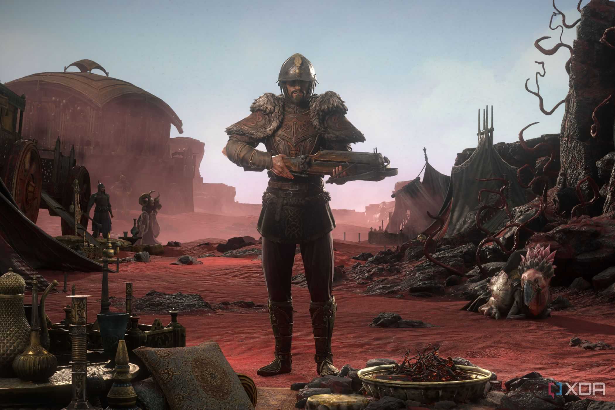 Path of Exile 2 Mercenary standing in desert camp near caravan