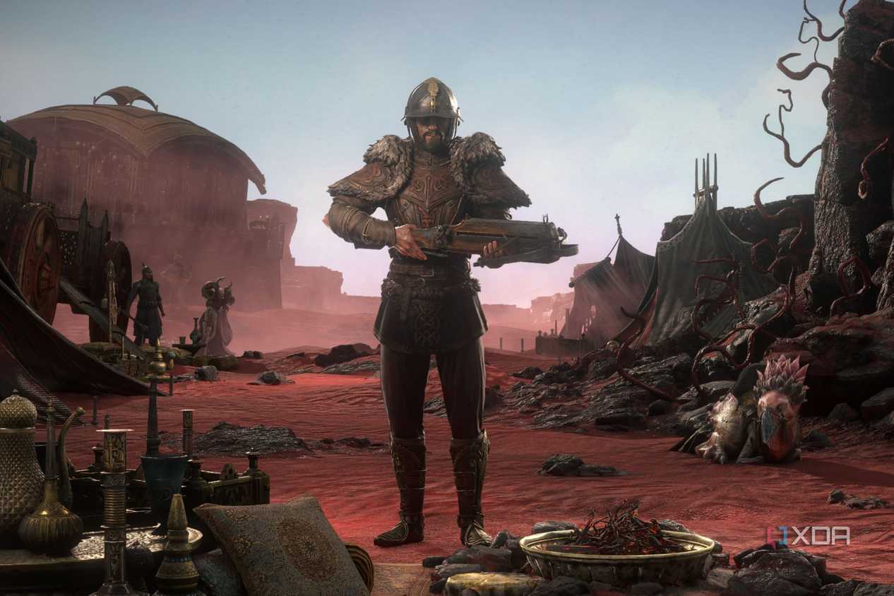 Path of Exile 2 Mercenary standing in desert camp near caravan