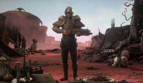 Path of Exile 2 Mercenary standing in desert camp near caravan