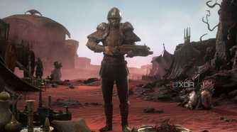 Path of Exile 2 Mercenary standing in desert camp near caravan
