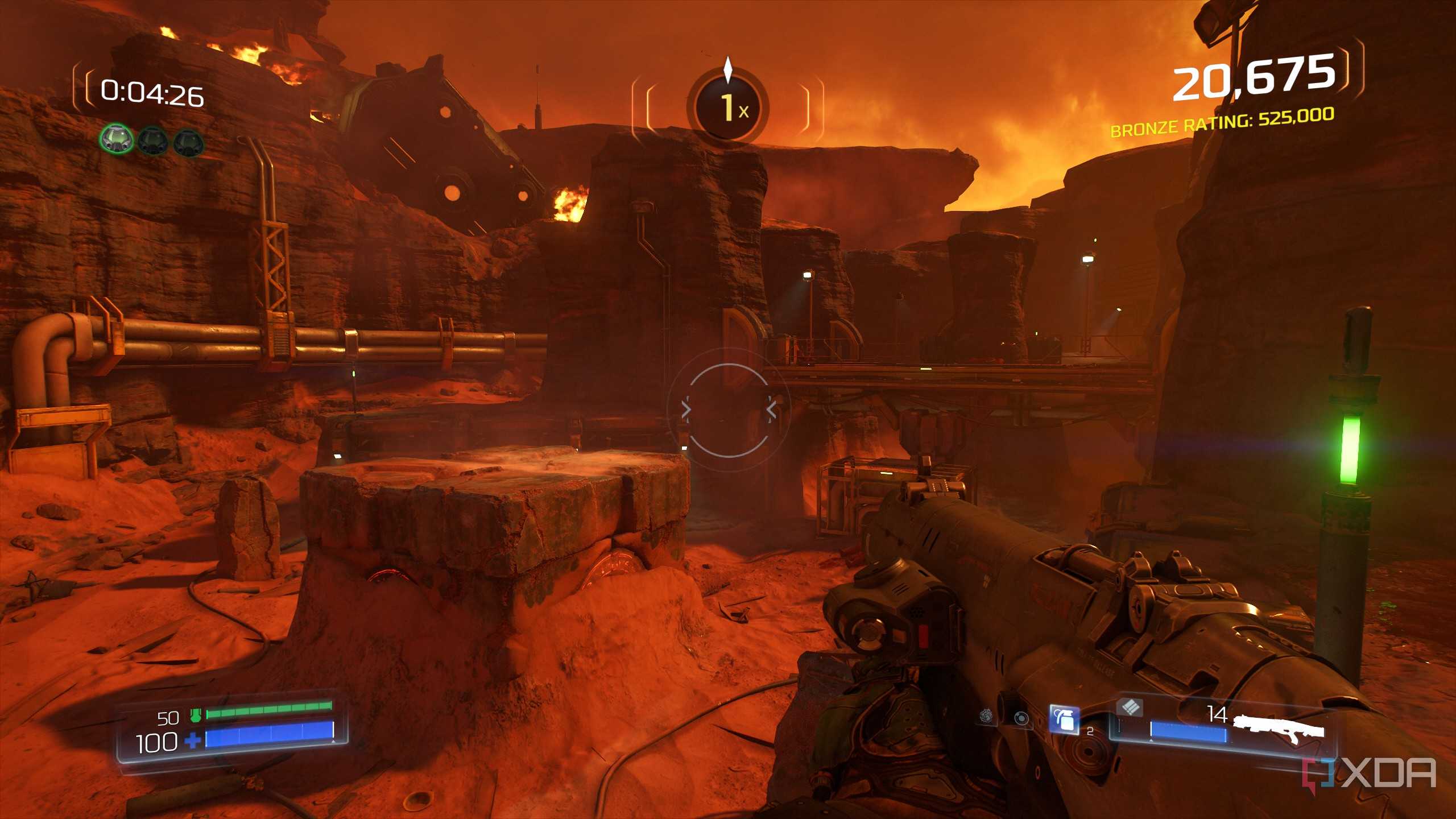 a player holding a gun in Doom's arcade mode