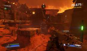 a player holding a gun in Doom's arcade mode