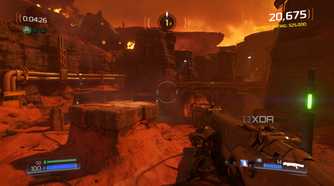 a player holding a gun in Doom's arcade mode