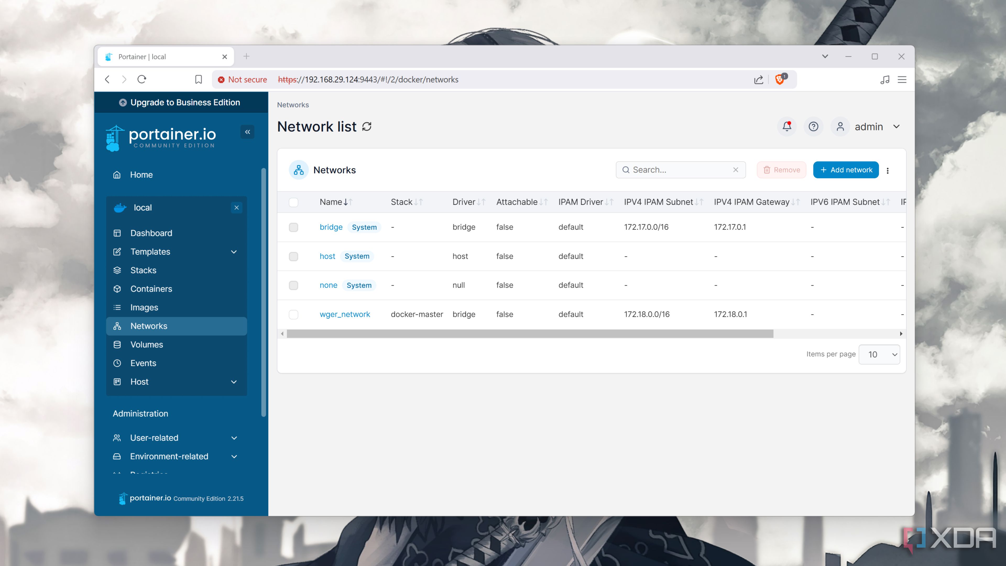 The Network tab in Portainer