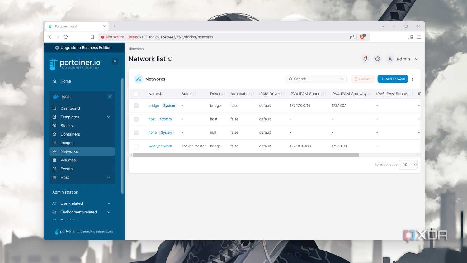 The Network tab in Portainer