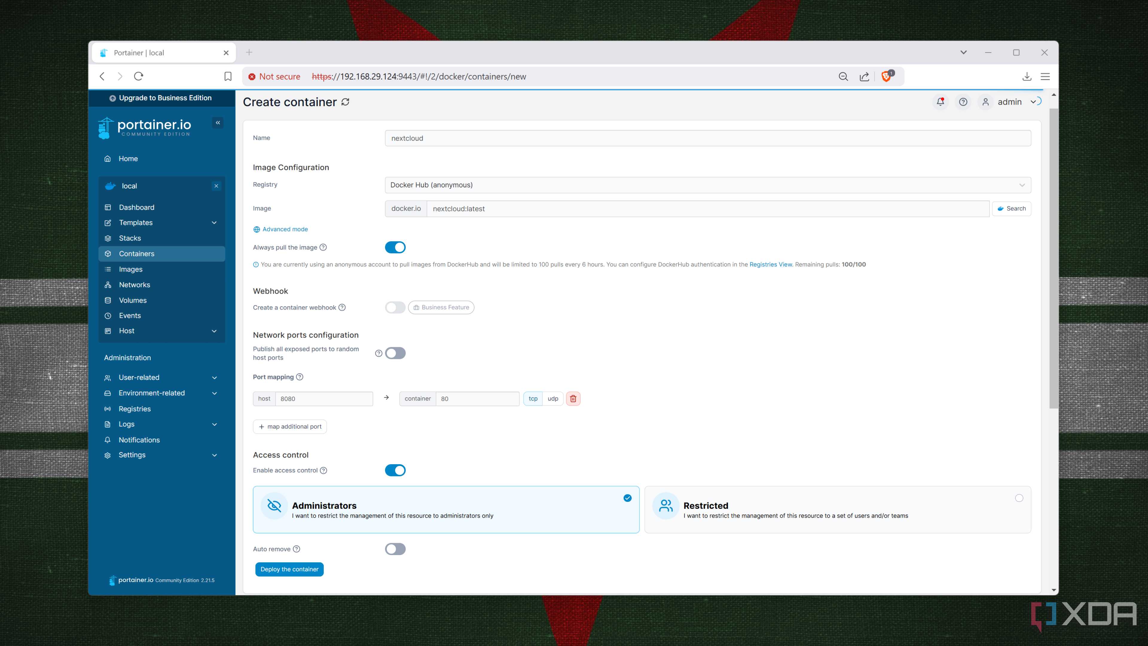 Adding a new container in Portainer