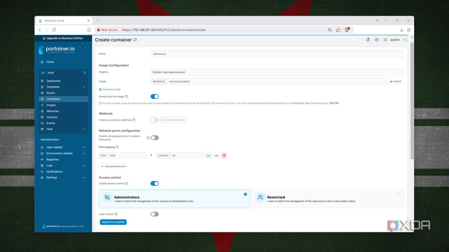 Adding a new container in Portainer